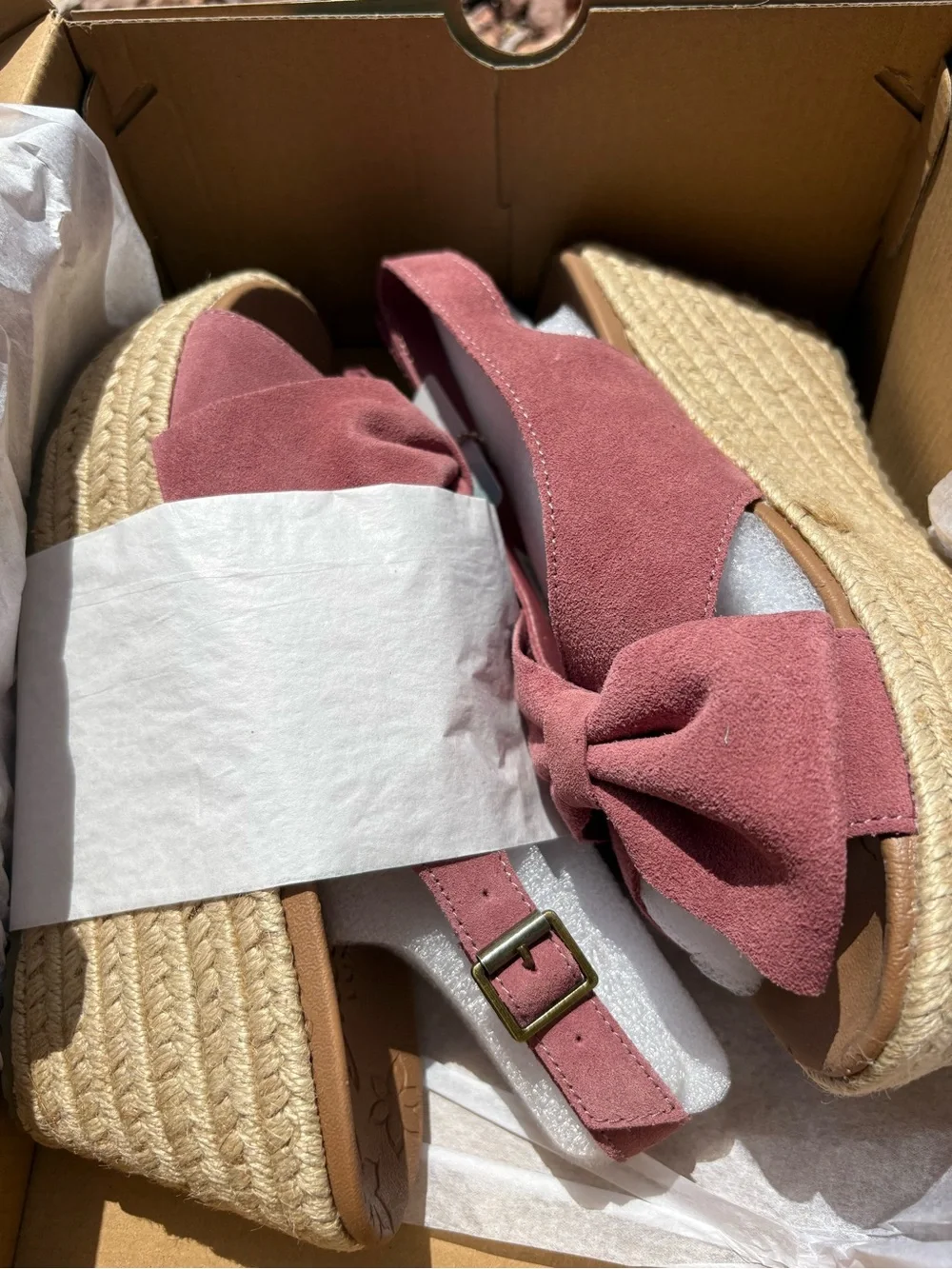 Skechers Brit-TRIPPIN~BOW Rose Leather Espadrille Wedge Sandals Size 8 NIB